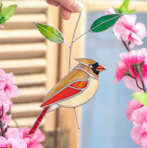 Stained Glass Female Cardinal Bird Suncatcher For Window