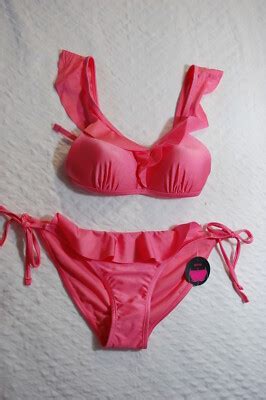 Jr Womens Swimsuit 2 PC STRING BIKINI SET Ruffles CORAL PINK Padded S 3