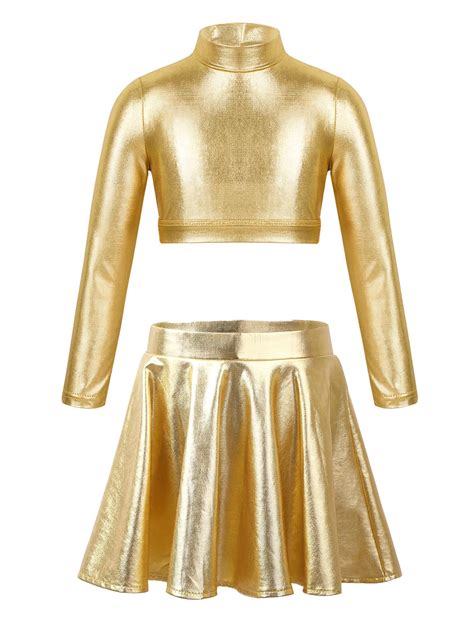 YEAHDOR Girls 2Pcs Metallic Dance Costume Latin Jazz Performance Outfit