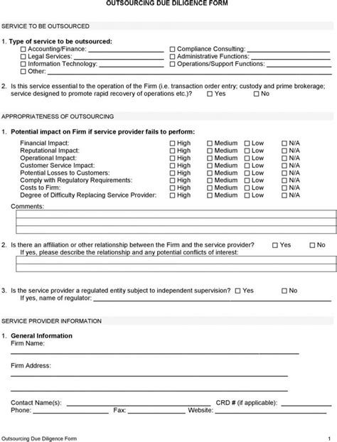 Due Diligence Requirements Checklist Template Samples Outsourcing