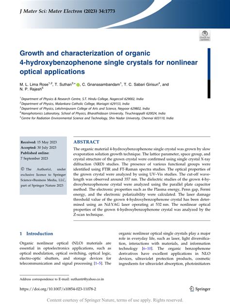 Growth And Characterization Of Organic 4 Hydroxybenzophenone Single