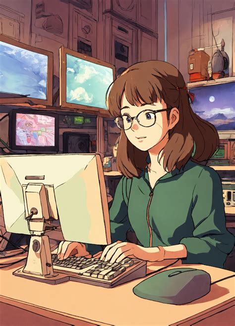 Lexica One Woman 20 Years Old Working On A Computer Studio Ghibli