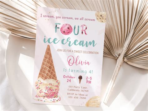 Ice Cream Birthday Invitation Four Ice Cream 4th Birthday Party Invite