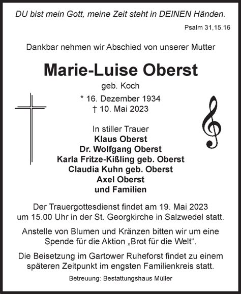 Traueranzeigen Von Marie Luise Oberst Abschied Nehmen De