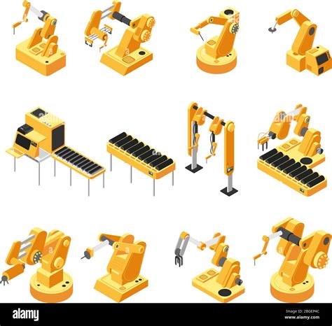 Industry Robot Machinery Mechanical Arm Isometric Vector Set