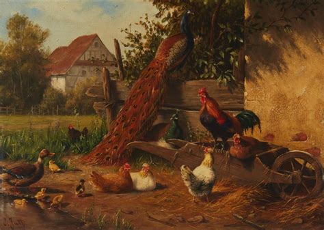 Lot Carl Jutz I 1873 1915 Farm Scene With Peacocks Chickens And