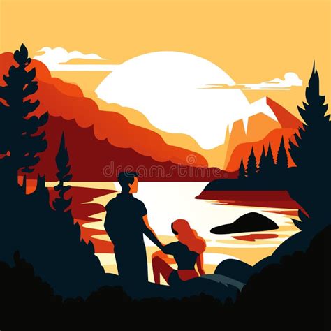 Father And Daughter Sitting By The Lake At Sunset Vector Illustration