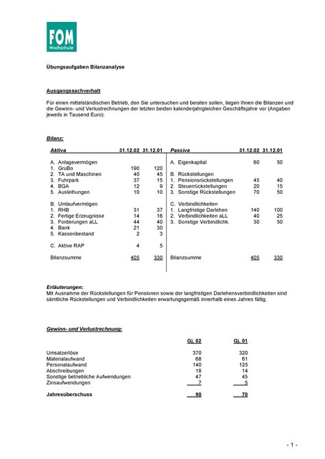 02 Aufgaben Bilanzanalyse SS 2021 1 Übungsaufgaben Bilanzanalyse