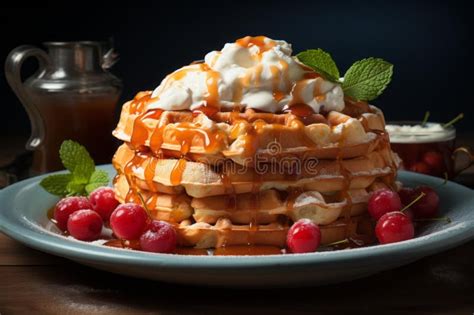 Waffle With Whipped Cream And Cherries On A Blue Plate Stock