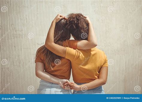 Strong Female Friendship Rear View Two Girls Best Friends Holding