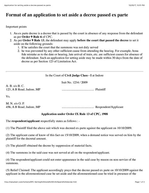 Application For Setting Aside A Decree Passed Ex Parte Html Page 1 Of