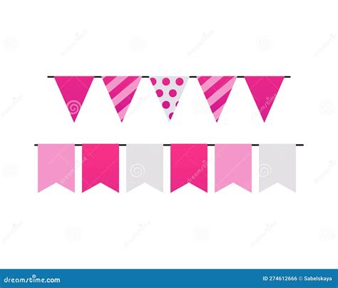 Cute Pink Flags On String Cartoon Flat Vector Illustration Isolated On