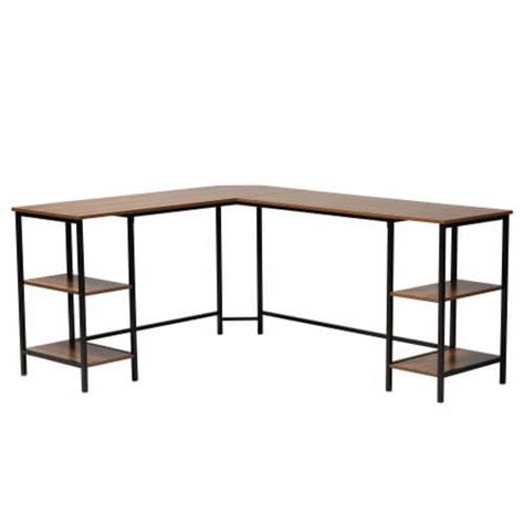 Lydia Modern Walnut Brown Finished Wood And Black Metal L Shaped Corner