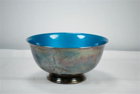 Vintage Reed And Barton Large Silverplate Bowl With Blue Enamel