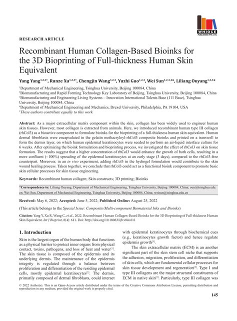 PDF Recombinant Human Collagen Based Bioinks For The 3D Bioprinting