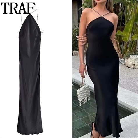 TRAF Robe Longue Noire Pour Femme Tenue De Soir E Sexy Dos Aux Bo Te De