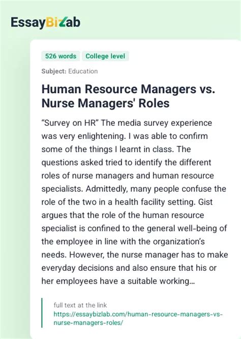 Human Resource Managers Vs Nurse Managers Roles