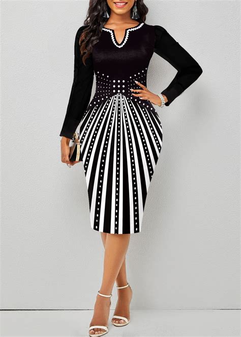 Rotita Split Geometric Print Black Long Sleeve Bodycon Dress Rotita