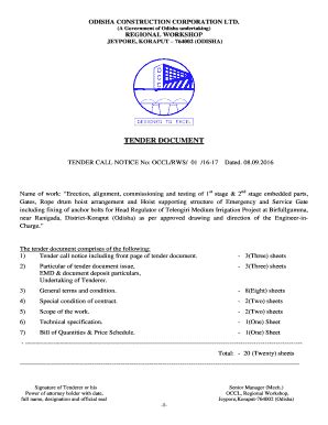 Fillable Online TENDER CALL NOTICE No OCCL RWS 01 16 17 Dated Fax