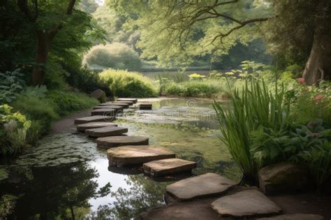 Calm Pond With Pathways And Stepping Stones Leading To The Water Stock