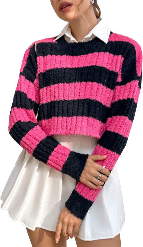 GORGLITTER Women S Two Tone Striped Crop Sweater Crewneck Long Sleeve