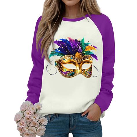 Mlqidk Womens Mardi Gras Sweaters Long Sleeve Crewneck Top Plus