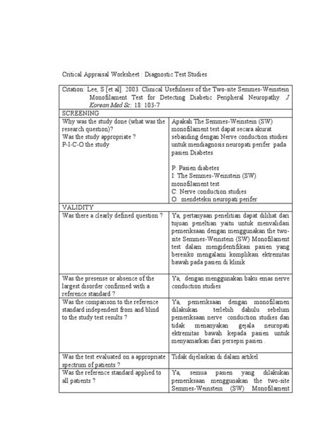 Critical Appraisal Worksheet Diagnostic Pdf