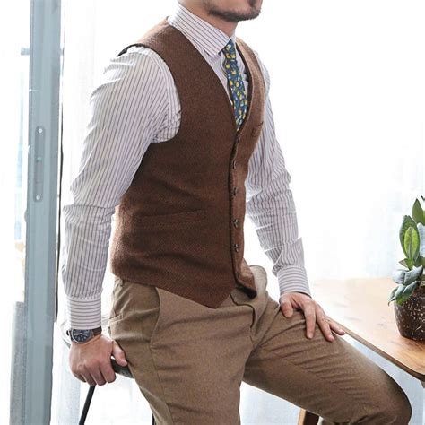 Dark Brown Groom Vests Wool Groomsmen Attire Herringbone Tweed Vest