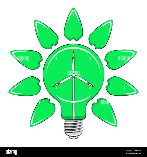 Color Illustration With Light Bulb Wind Turbine And Leaves Green