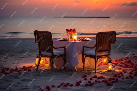 Romantic dinner setup on the beach while twilight | Premium AI-generated image