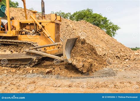 Industrial Bulldozer Moving Earth Pit Or Quarry Stock Photo Image Of