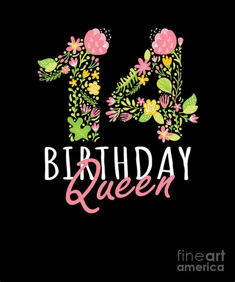 14th Birthday Queen 14 Years Old Girl Floral Bday Theme Graphic Digital