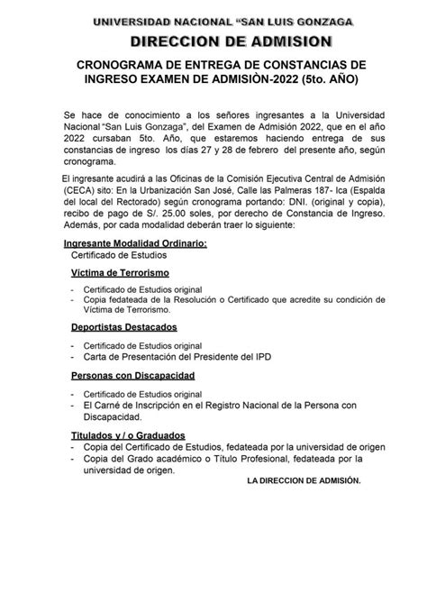 Cronograma De Entrega De Constancias De Ingreso A Los Ingresantes Del Examen De Admisión 2022