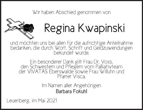 Traueranzeigen von Regina Kwapinski Märkische Onlinezeitung Trauerportal