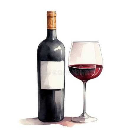 Realistic Watercolor Illustration Of Wine Bottle And Glass Stock