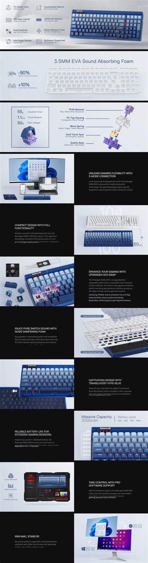 Redragon Garen Pro K Wb Rgb Pro Mode Wireless Rgb Hot Swappable Mechanical Gaming Keyboard