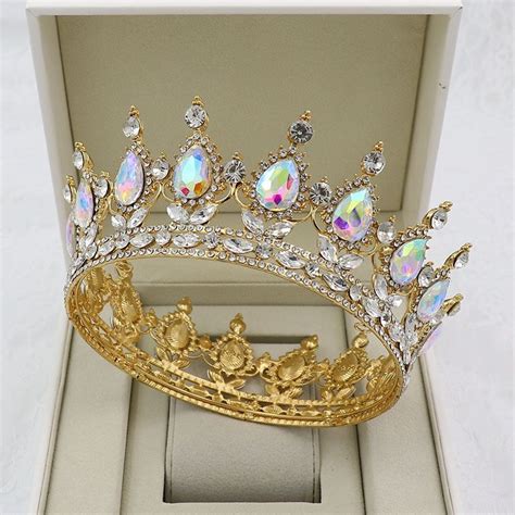 Kmvexo Ouro Tiaras De Cristal Barroco Rodada Coroa Diadema Real Rainha