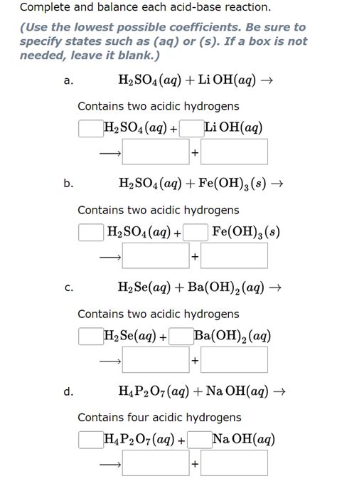 Solved Complete And Balance Each Acid Base Reaction Use Chegg