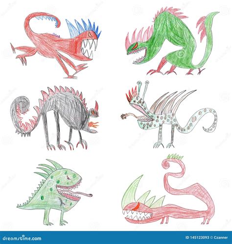 Child`s Drawing with Monsters. Concept of Children Creativity Stock ...