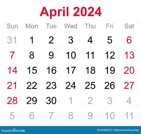 Monthly Calendar Of April 2024 On Transparent Background Stock Image