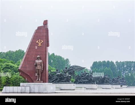 north korean soldier statue   workers party  north korea flag
