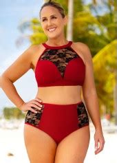 Plus Size Lace Stitching High Waisted Bikini Set Modlily USD