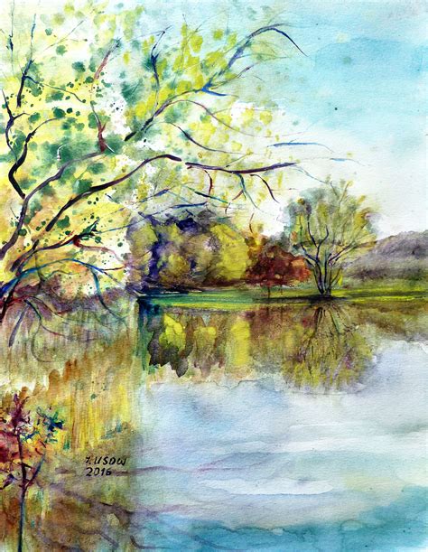 Frühling Wasser Aquarell Baum Landschaft von Irina Usova kunstnet