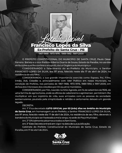 Morre Aos 97 Anos De Idade Chico Lopes Ex Prefeito De Santa Cruz