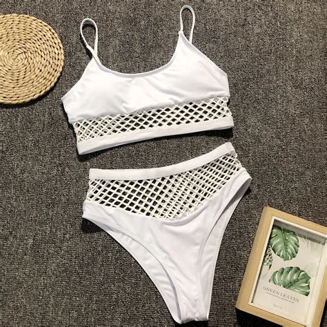 White Mesh Bikini High Waisted Push Up Swimsuit Sport Swimwear Hot