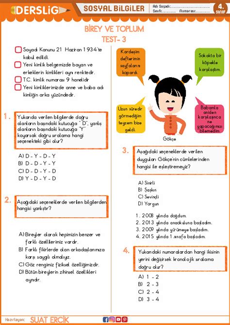 S N F Sosyal Bilgiler Birey Ve Toplum Test Yaprak Test Derslig