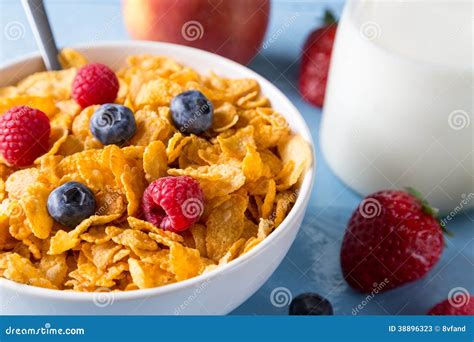 Cornflakes In A Bowl With Milk And Fruits Stock Image Image Of Flakes