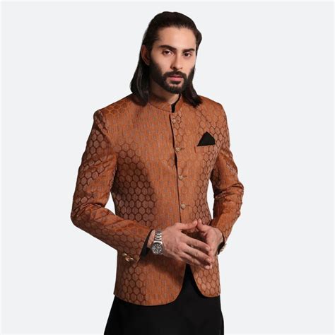 Rust Color Jamawar Fabric Pakistani Prince Coat With Suit For Men