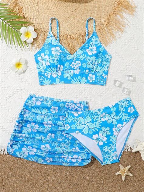 Tween Girl Floral Print Bikini Set With Beach Skirt Summer Beach SHEIN USA