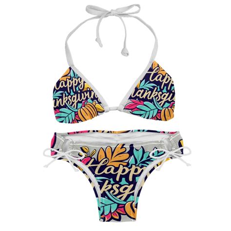 Thanksgiving Font Adjustable Strap Detachable Sponge Bikini Set Two Pack For Beach And Pool